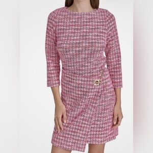 Pink Tweed Sheath Dress with Chain Accent